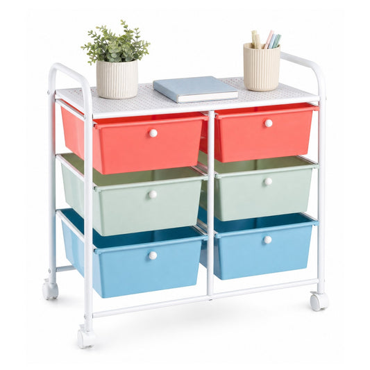 6-Drawer Rolling Storage Cart with a white metal frame and multicoloured drawers