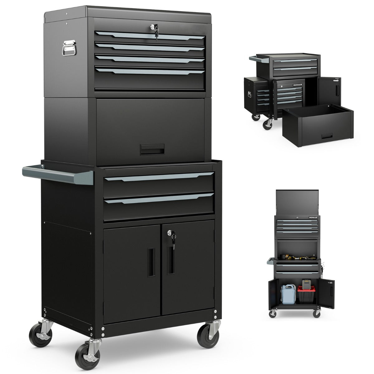 6-Drawer Rolling Tool Chest with Universal Wheels and Hooks-Black-M standing on a white background