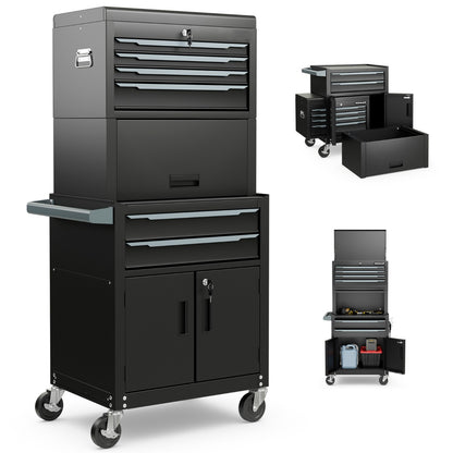 6-Drawer Rolling Tool Chest with Universal Wheels and Hooks-Black-M standing on a white background
