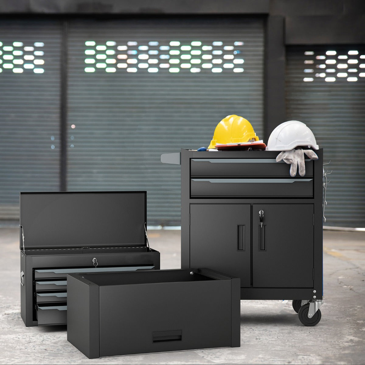 The tool chest with the top section removed and placed on the floor next to the main unit