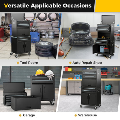 The tool chest shown in four different work settings including a garage and a warehouse