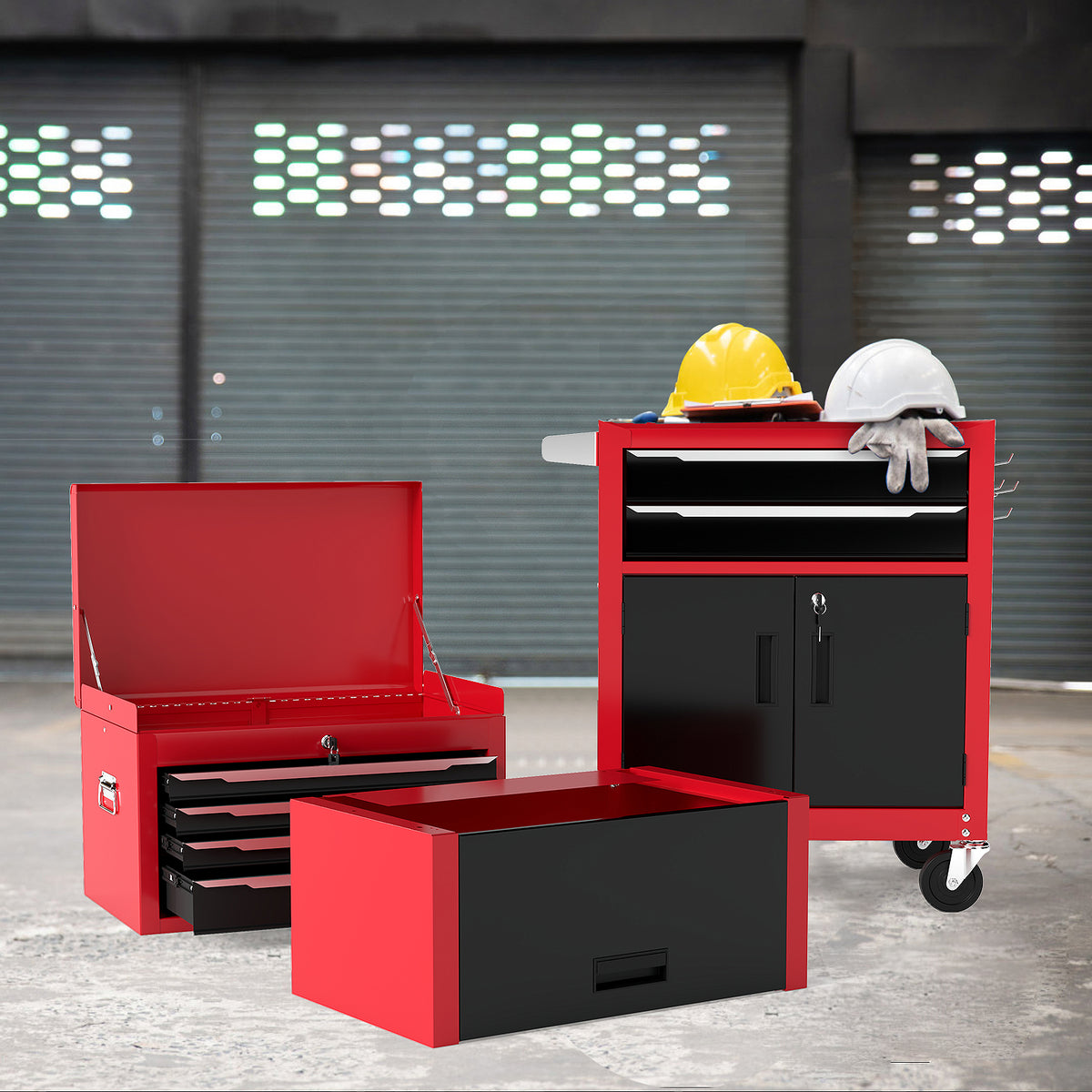 The red and black tool chest with drawers open and a separate drawer unit
