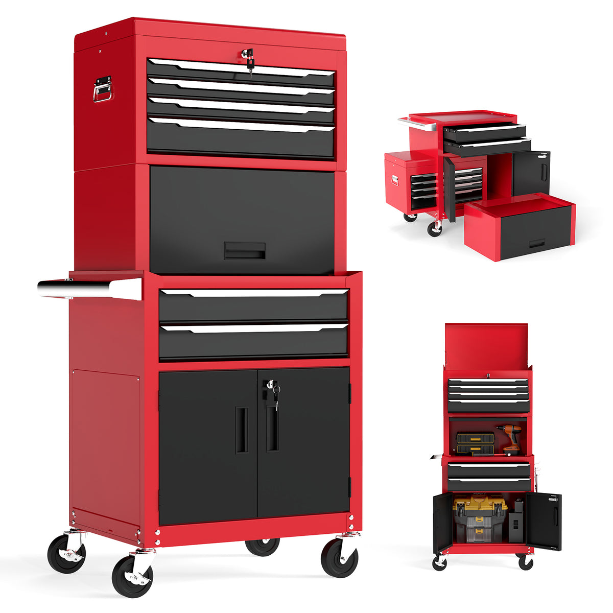 6-Drawer Rolling Tool Chest with universal wheels and hooks in red and black