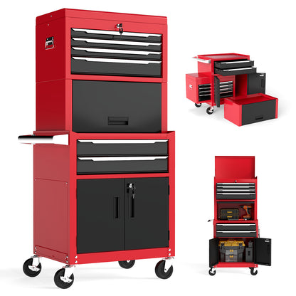 6-Drawer Rolling Tool Chest with universal wheels and hooks in red and black