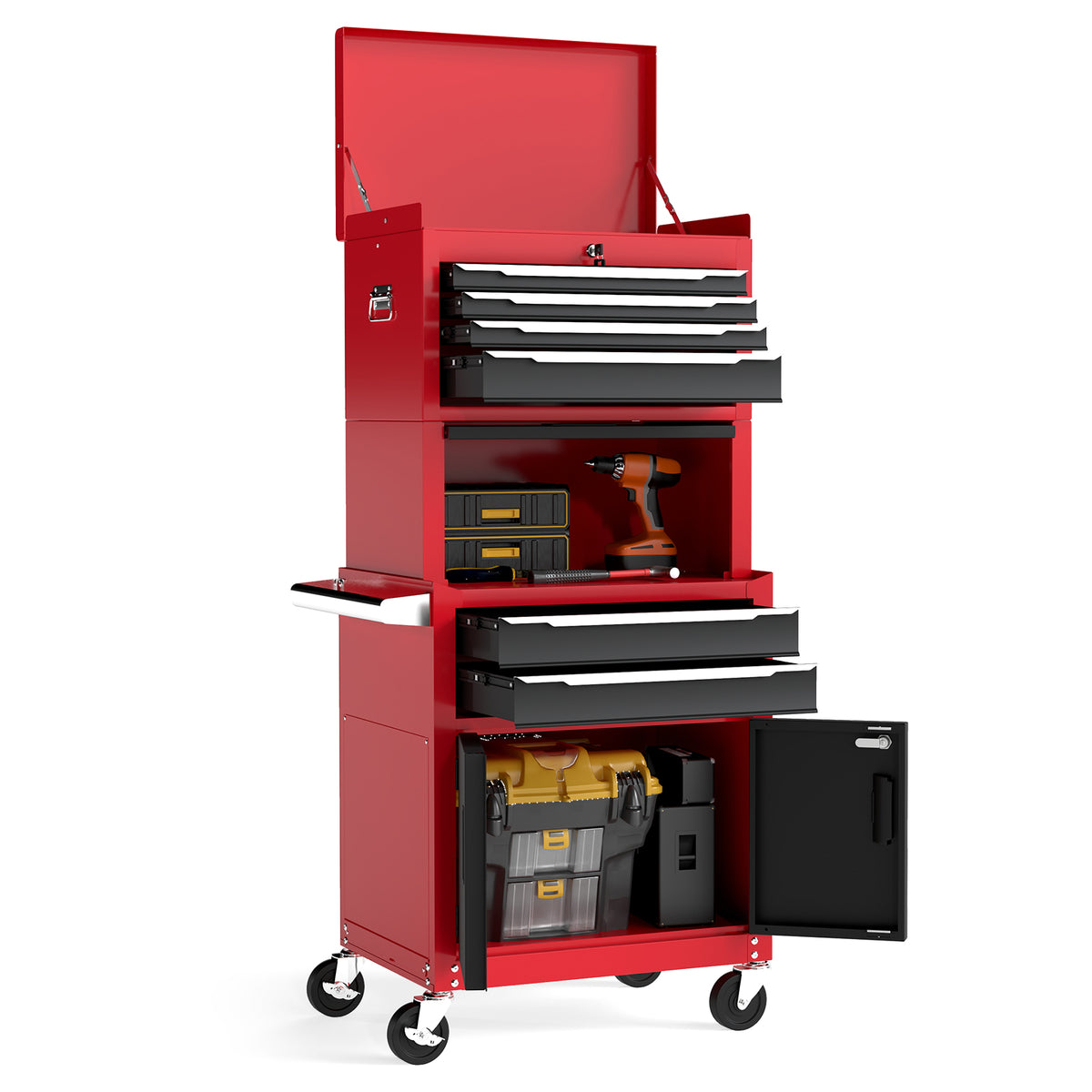 The red and black tool chest with drawers and cabinet doors open showing tools