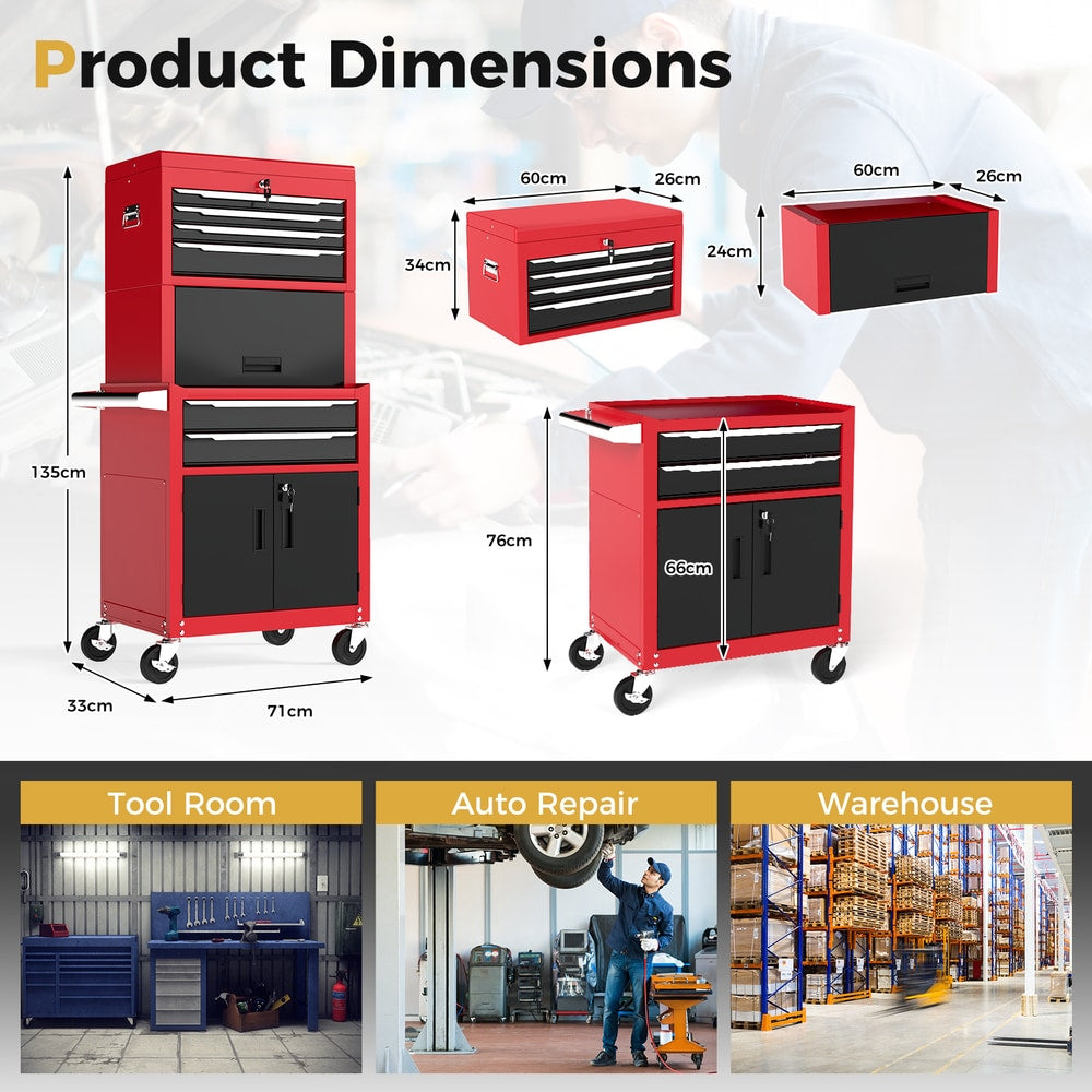 Product dimensions diagram for the red and black rolling tool chest