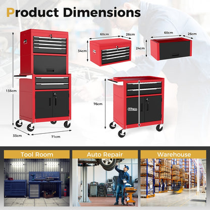 Product dimensions diagram for the red and black rolling tool chest