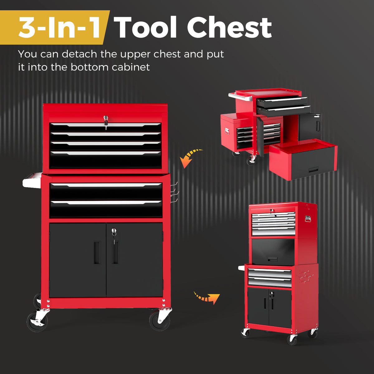 The red and black rolling tool chest shown as three separate stackable units