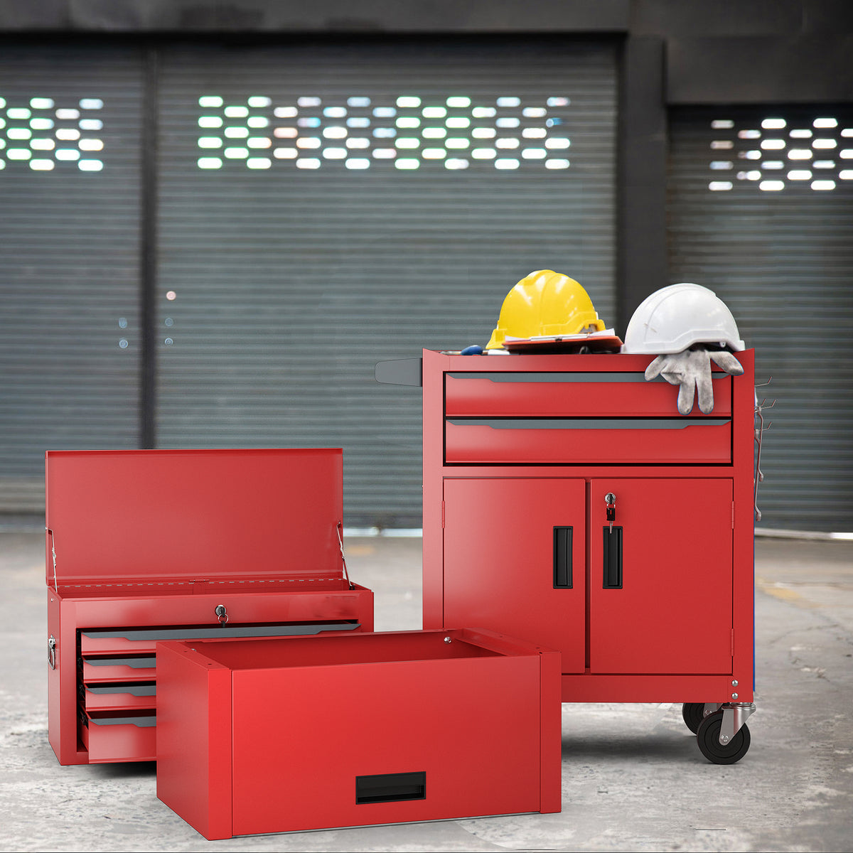 The red rolling tool chest with three drawers and a cabinet section, with a separate toolbox and drawer unit