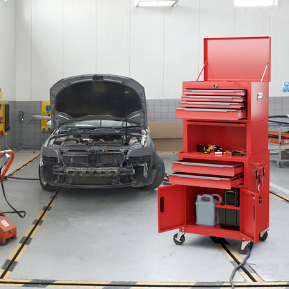 The rolling tool cabinet with open drawers and doors in a car repair garage