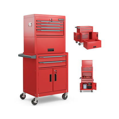 6-Drawer Rolling Tool Chest with Universal Wheels and Hooks-Red-M standing on a white background