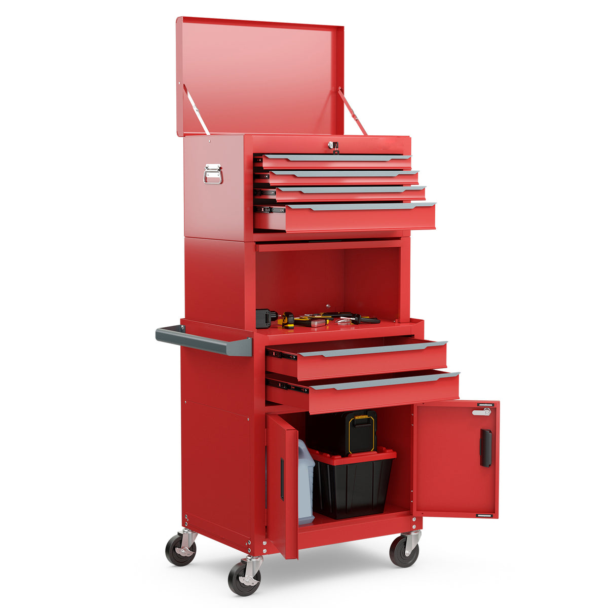 The red metal tool chest with open drawers and doors showing storage space