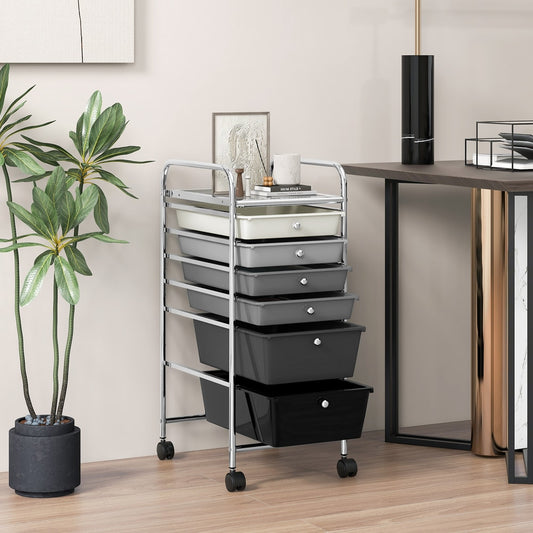Black 6 drawer storage trolley in a room next to a desk