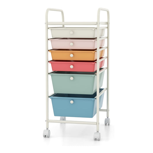 6 Drawers Storage Trolley with colourful drawers and white frame on wheels