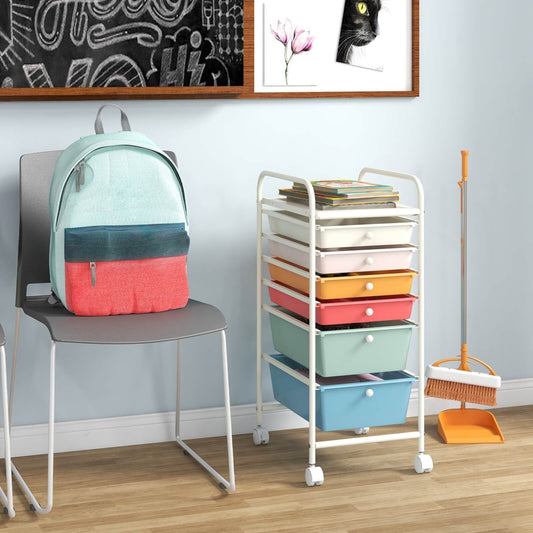 Colourful 6 drawers storage trolley used in a room with a backpack and cleaning tools