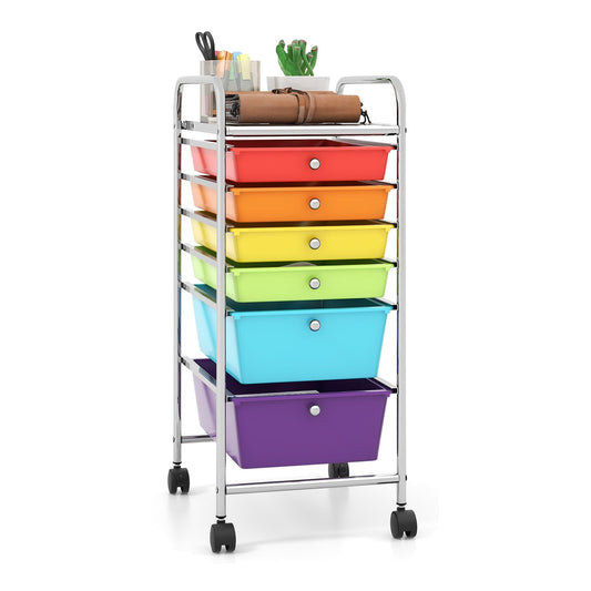 6 Drawers Storage Trolley with 4 wheels in multicolor, a top shelf holds art supplies