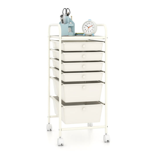 6 Drawers Storage Trolley with 4 wheels in white, a storage unit with multiple drawers and a top shelf
