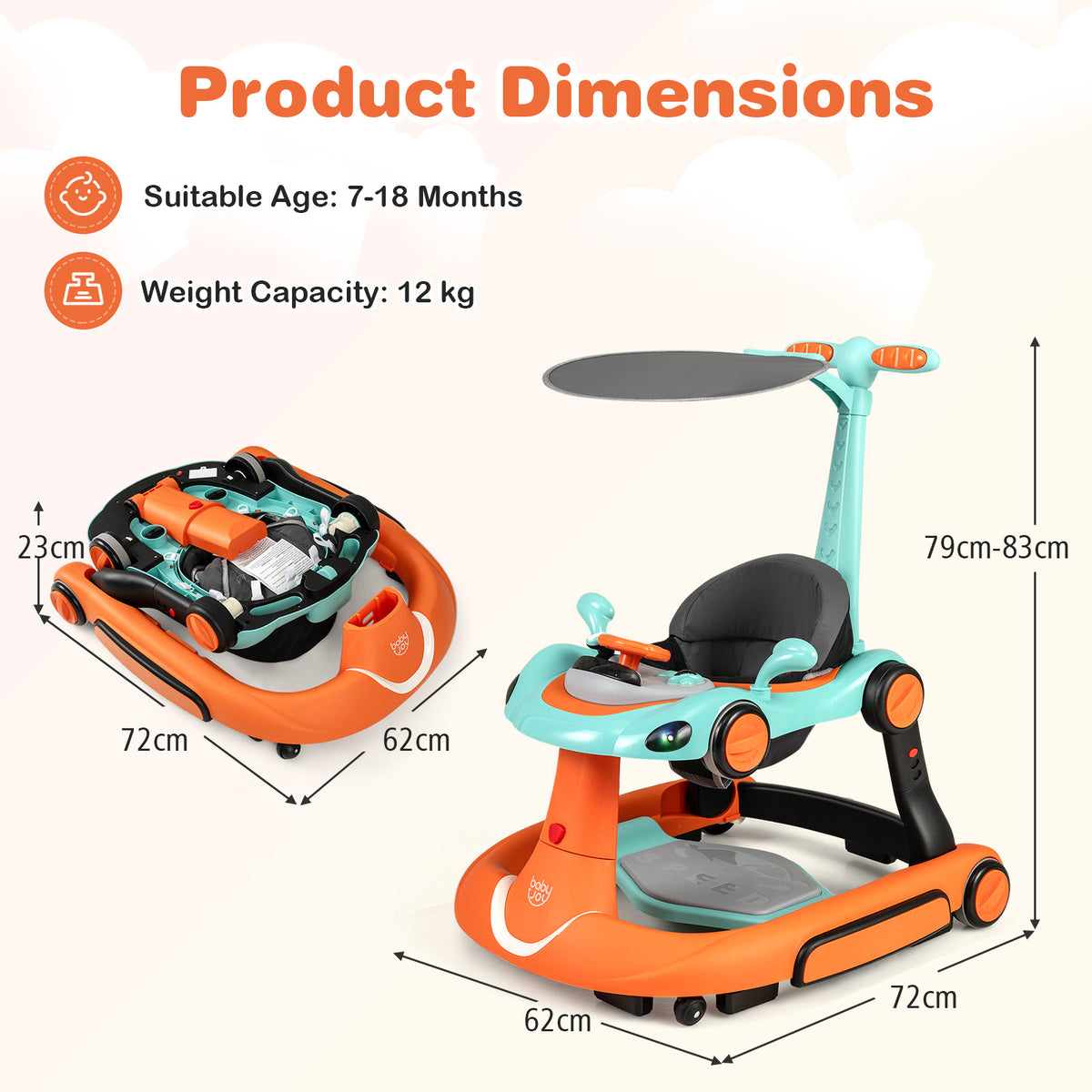 6-in-1 Baby Walker Toddler Push Car with Canopy and Wheels-Orange