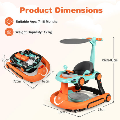 6-in-1 Baby Walker Toddler Push Car with Canopy and Wheels-Orange