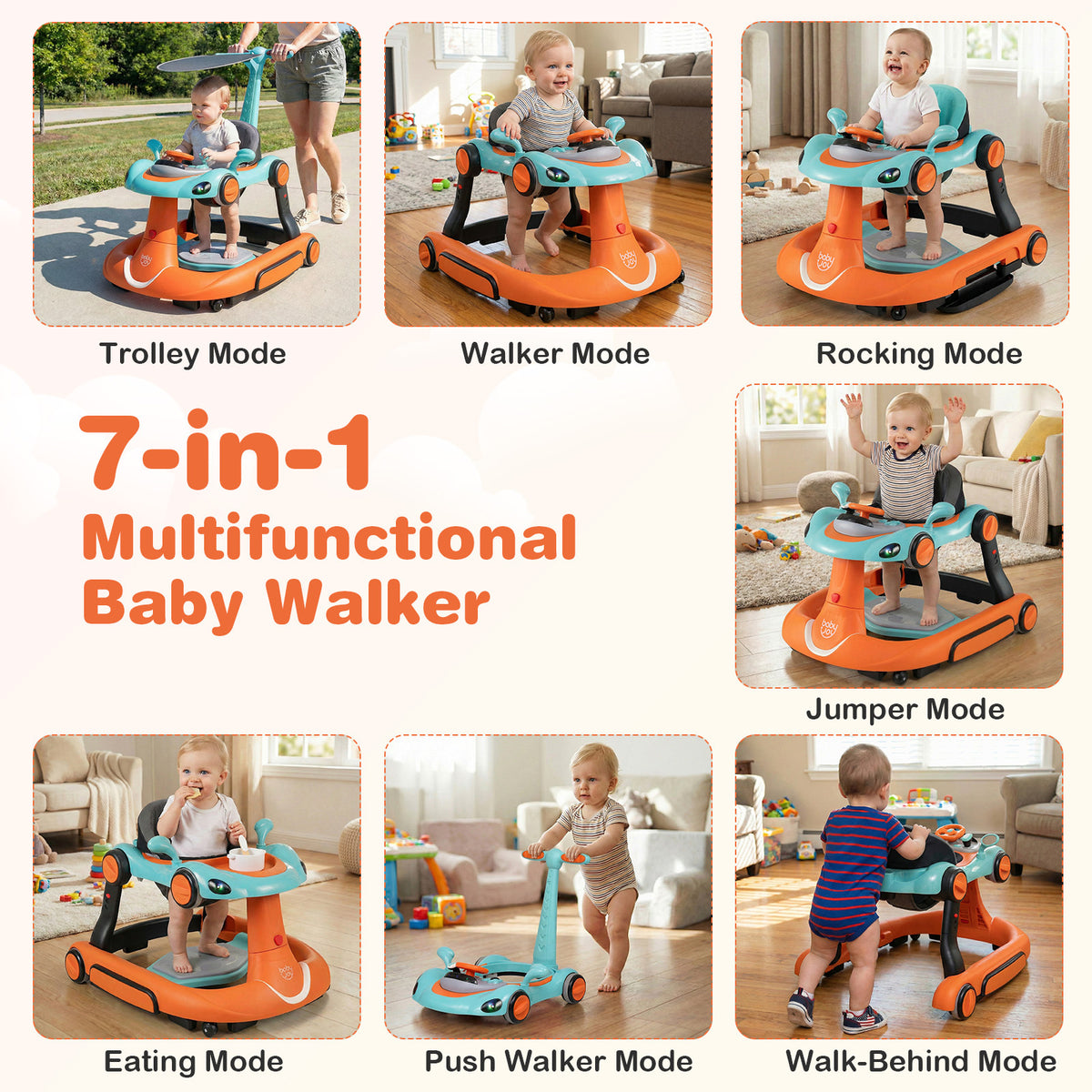 6-in-1 Baby Walker Toddler Push Car with Canopy and Wheels-Orange