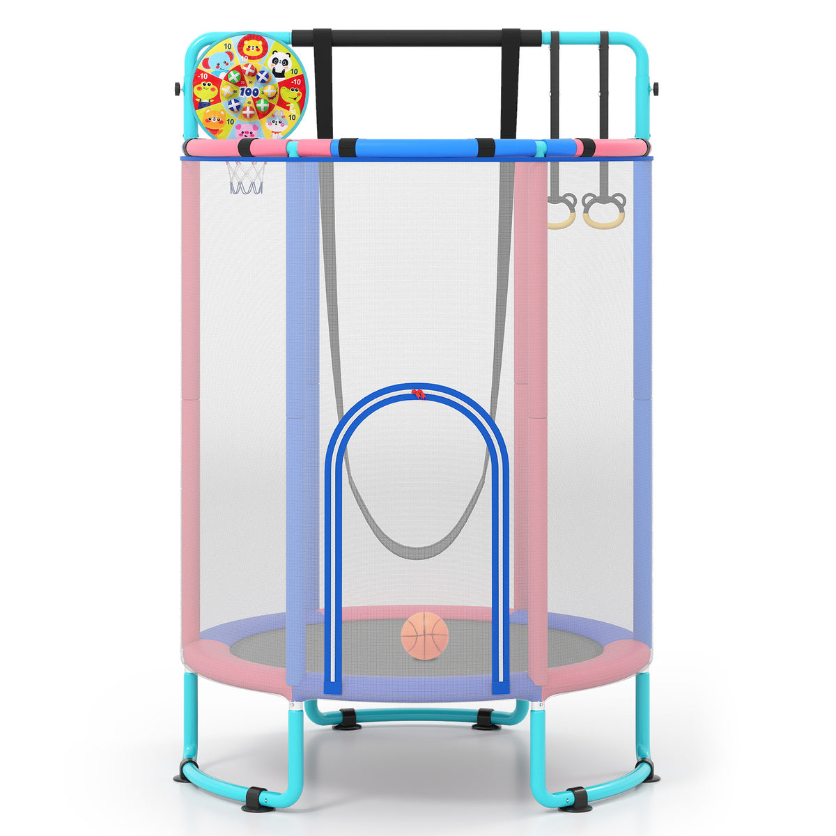The kids trampoline featuring a dart board and basketball hoop attached to the top frame