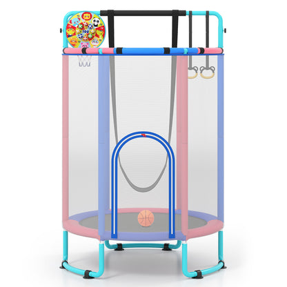 The kids trampoline featuring a dart board and basketball hoop attached to the top frame