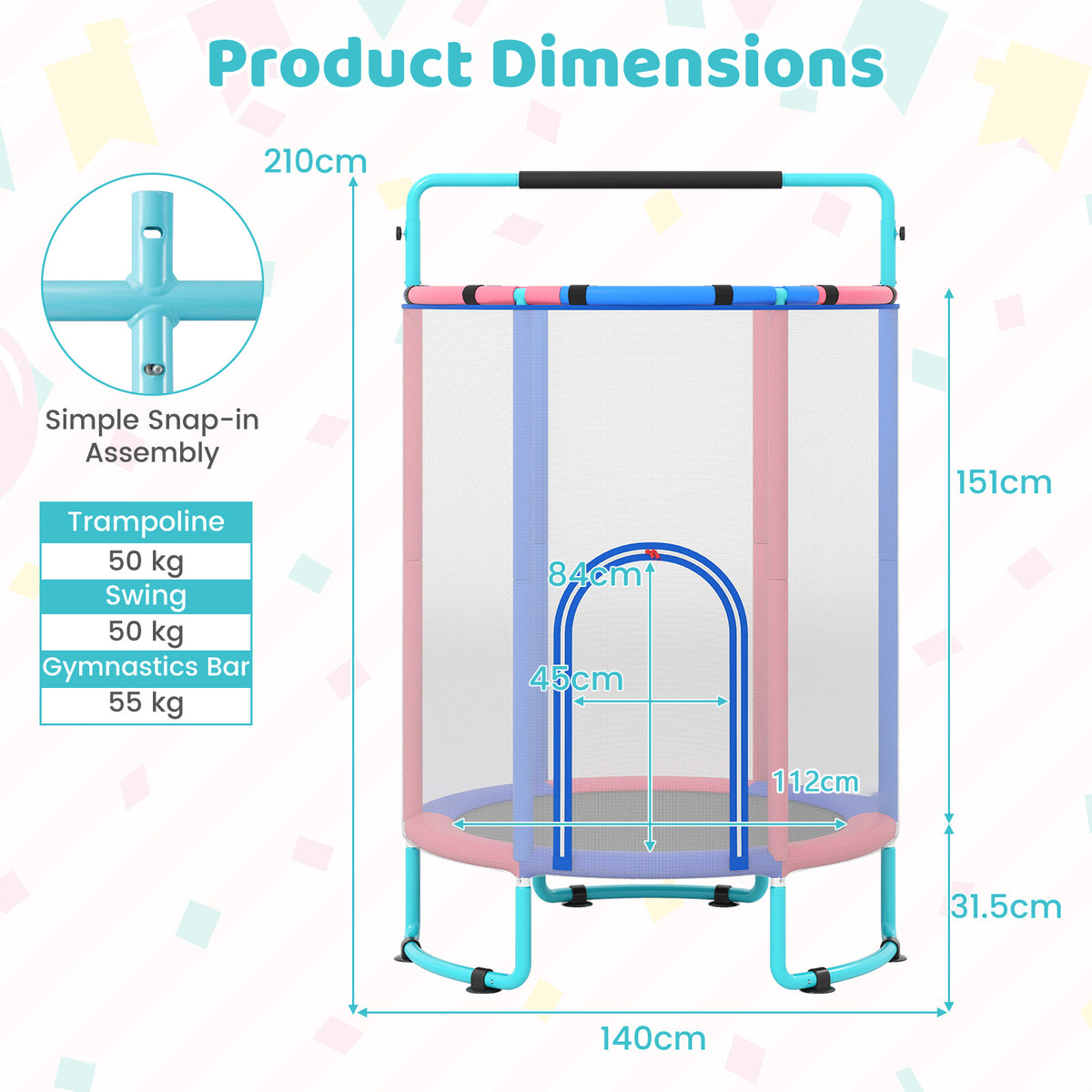 The kids trampoline showing technical measurements and assembly details on a diagram
