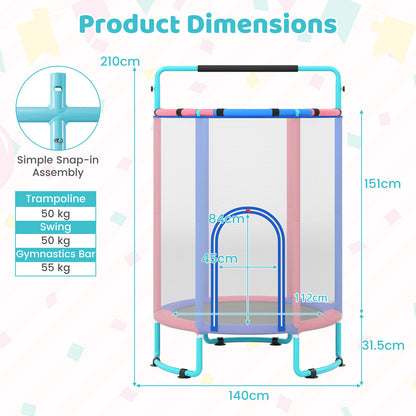 The kids trampoline showing technical measurements and assembly details on a diagram