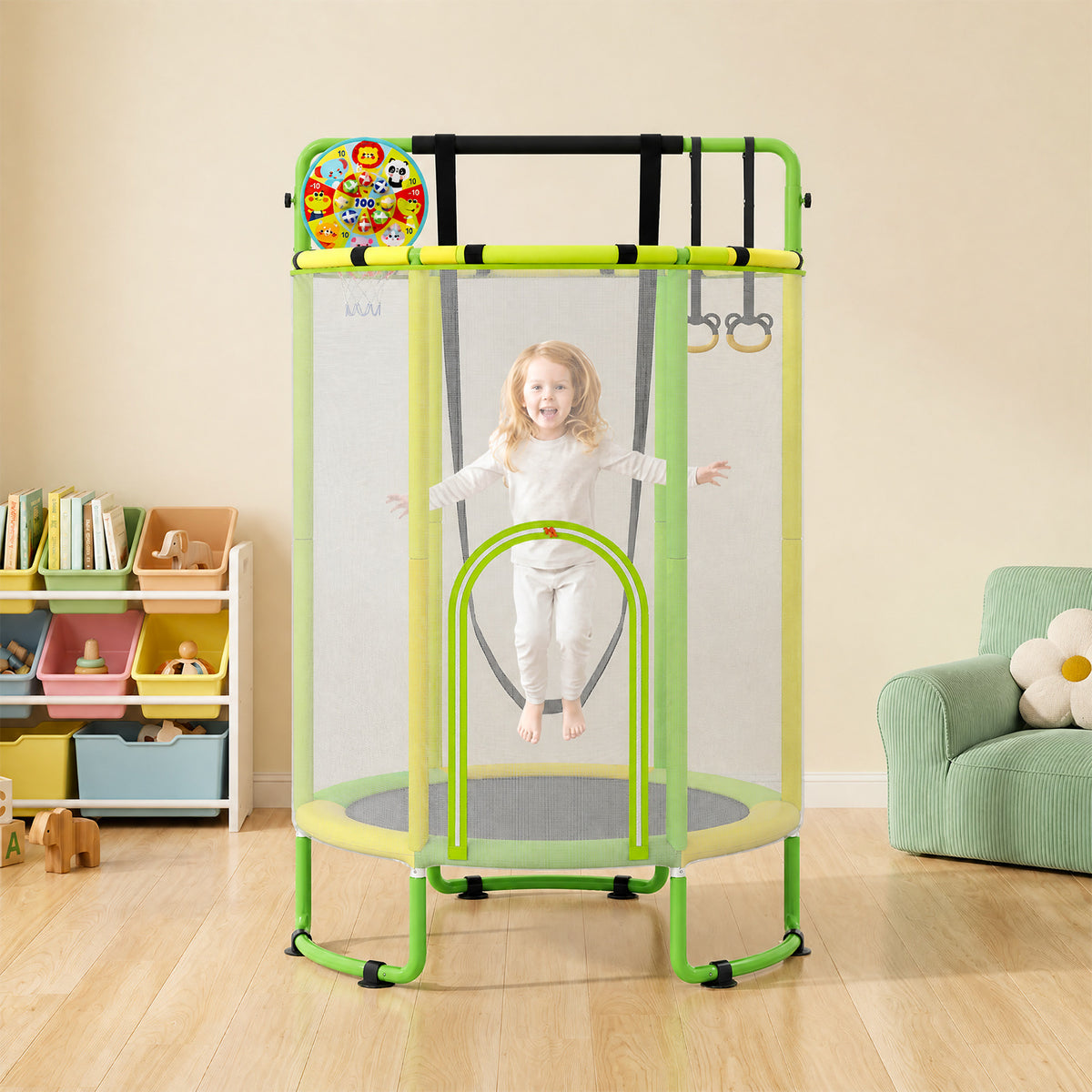 The kids trampoline with swing and gymnastic bar in a living room