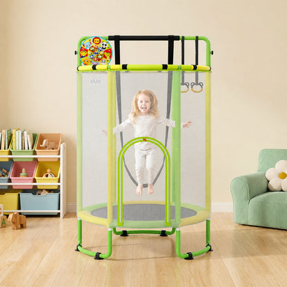The kids trampoline with swing and gymnastic bar in a living room