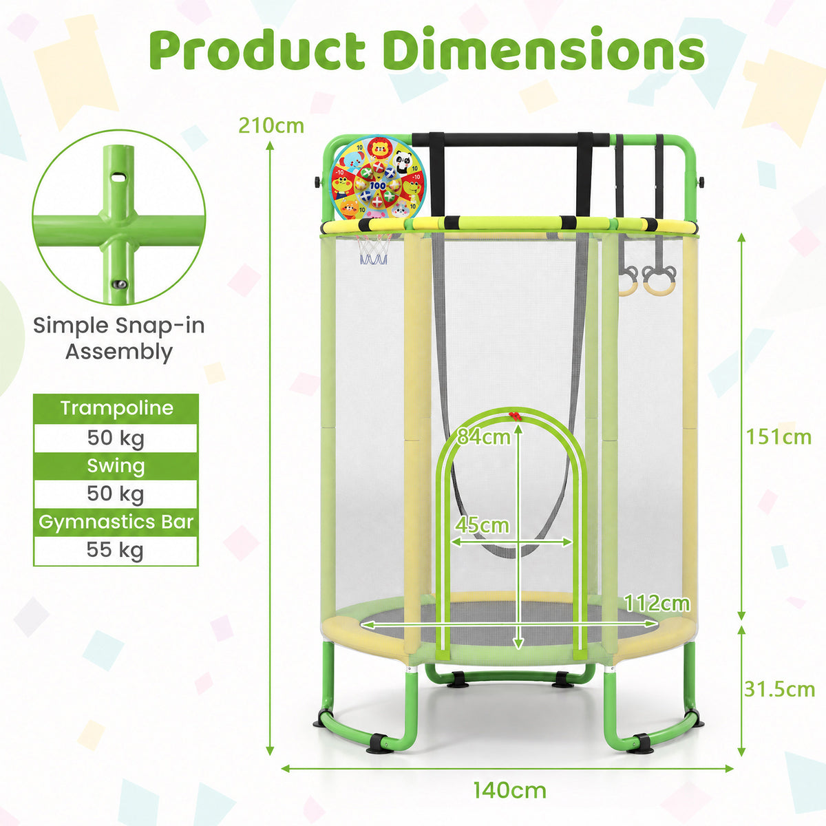 Product dimensions diagram for the kids trampoline