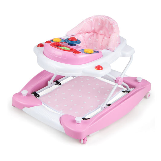 6 in 1 Adjustable Baby Walker Folding Baby Activity Center in pink with a soft seat and play tray