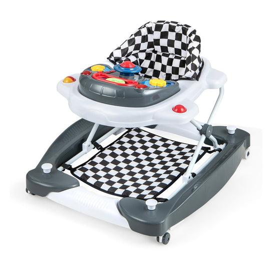 6 in 1 Adjustable Baby Walker Folding Baby Activity Center in grey with a checkered seat and play tray