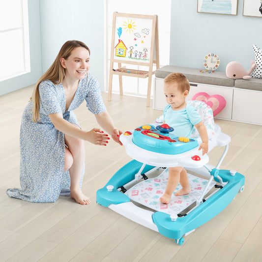The baby walker in use with a toddler standing inside on a light wooden floor