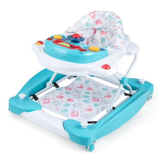 6 in 1 Adjustable Baby Walker Folding Baby Activity Center with a teal frame and patterned seat