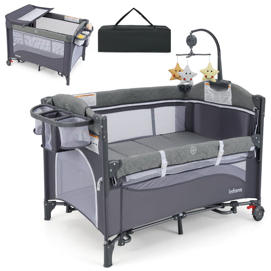 6-in-1 Baby Bed Travel Cot with changing table in baby-blue, shown assembled with a changing mat on top