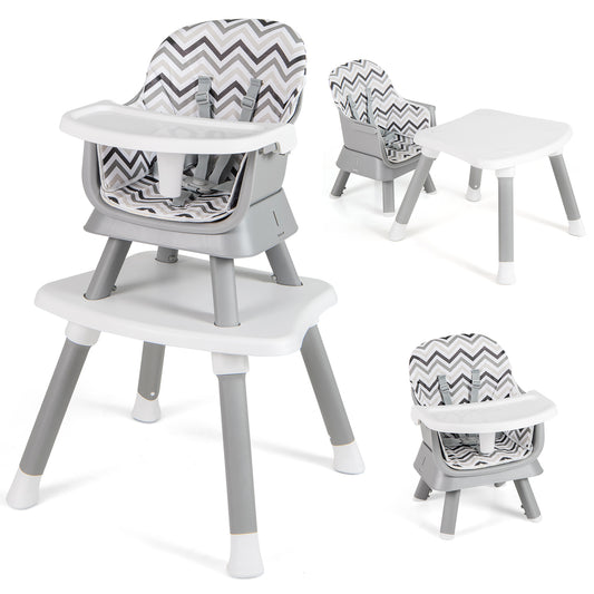 6-in-1 Baby High Chair in grey and white with a removable tray and a patterned seat