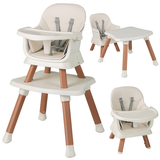 6-in-1 Baby High Chair shown in three different configurations with a natural wood finish