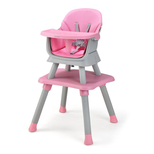 6-in-1 Baby High Chair in pink and grey with a removable tray and 5-point harness
