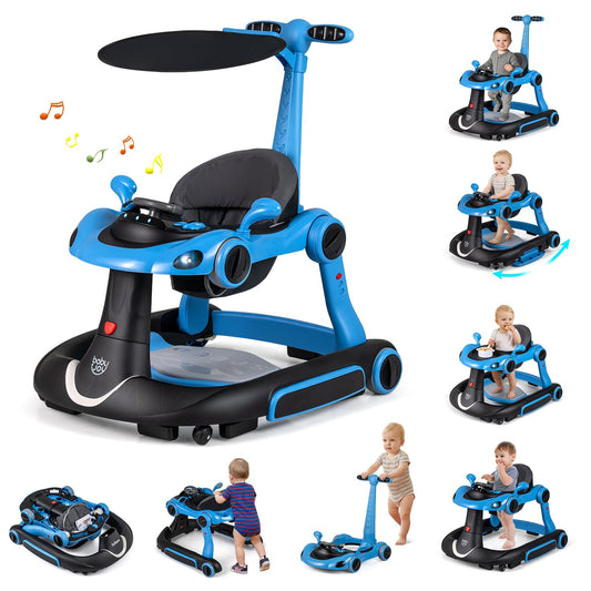 6-in-1 Baby Walker Toddler Push Car with canopy and wheels in navy blue