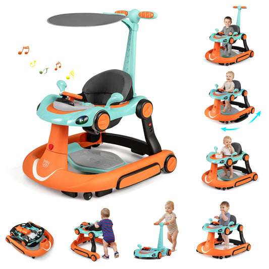 6-in-1 Baby Walker Toddler Push Car in orange and teal with a canopy and steering wheel