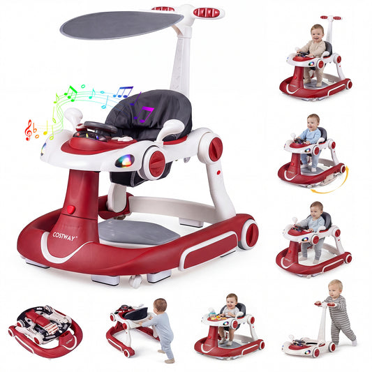 6-in-1 Baby Walker Toddler Push Car with canopy and wheels in red, showing the main unit with a steering wheel