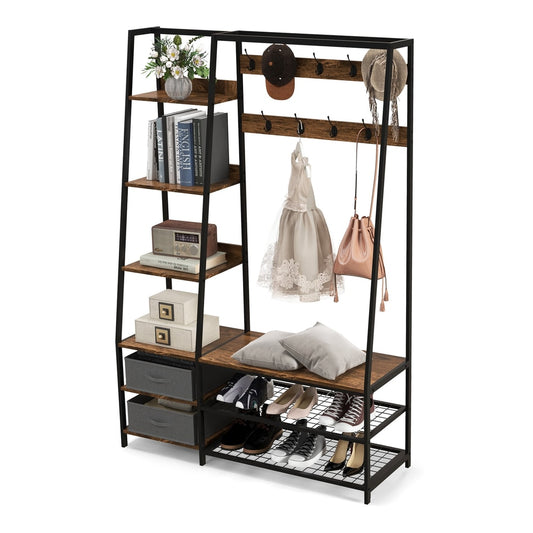 6-in-1 Freestanding Garment Coat Rack with 9 hooks and 6 shelves, showing storage and hanging space