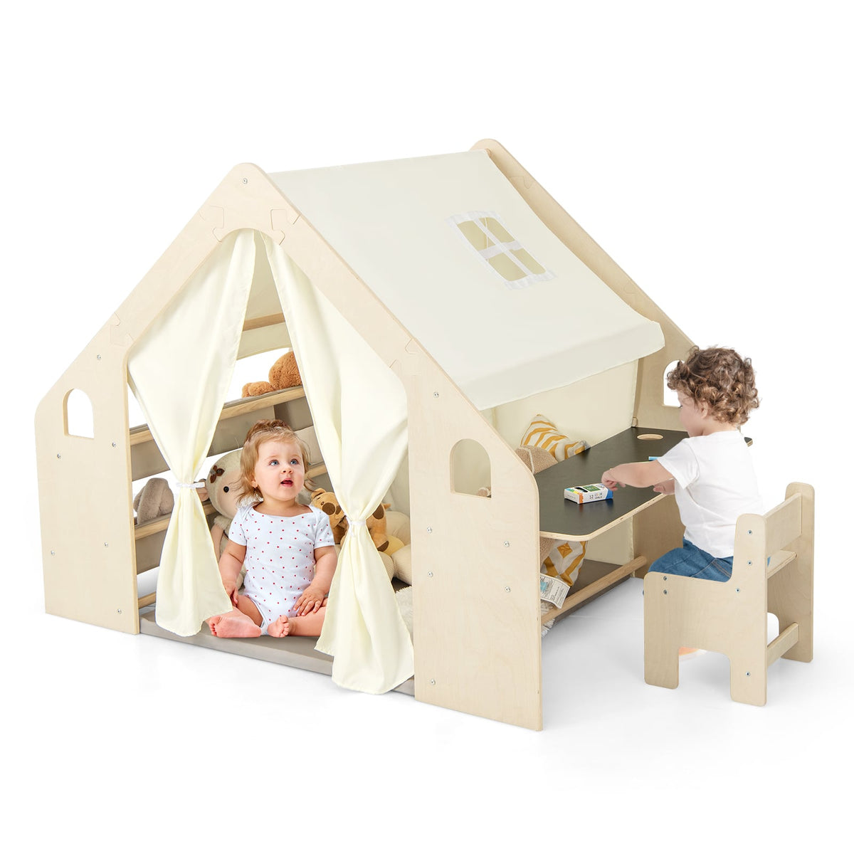 6-in-1 Kids Play Tent Playhouse with blackboard and storage bins, shown with children playing inside