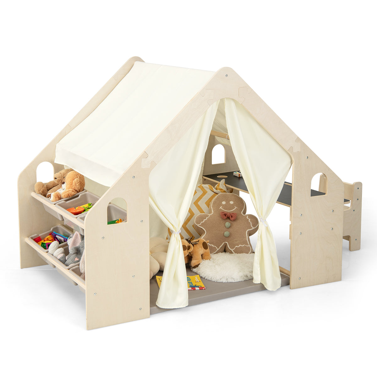 The play tent with blackboard and storage bins, with a floor cushion and stuffed toys