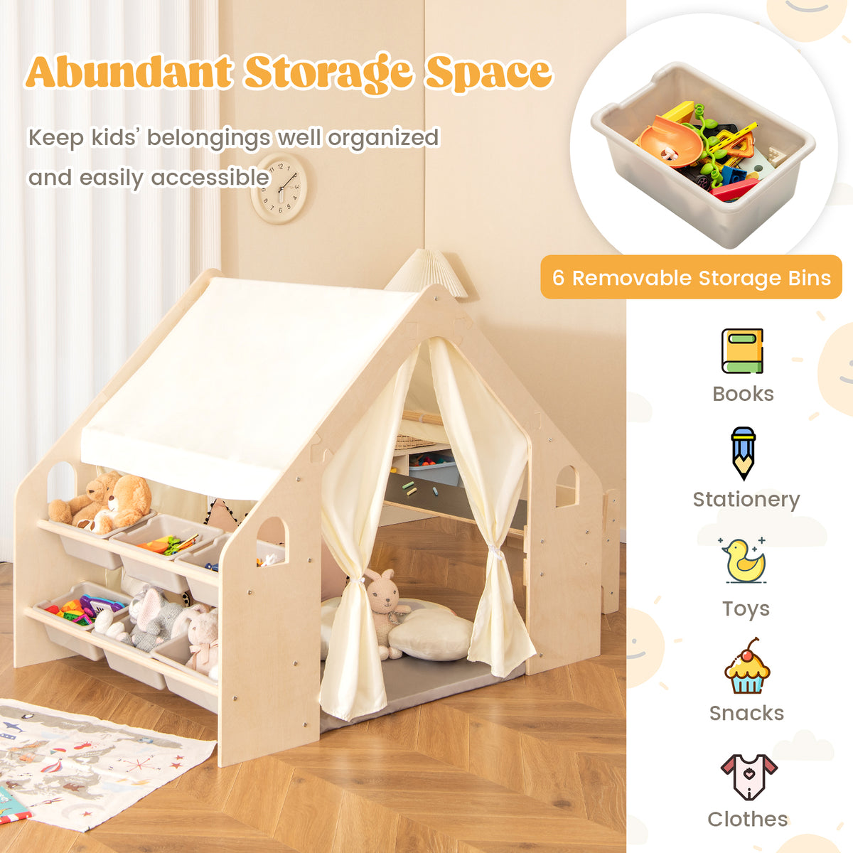 Abundant storage space in the play tent, with 6 removable bins for toys and books