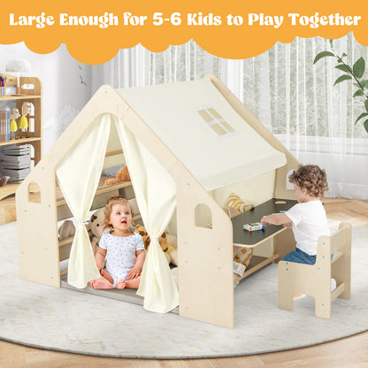 A large play tent with blackboard and storage bins, shown with space for multiple children
