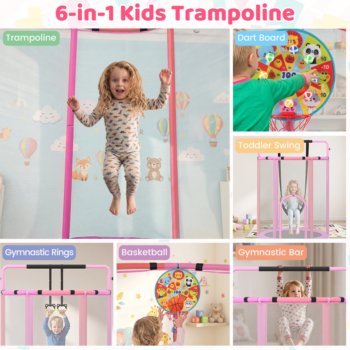 Collage showing the different play options of the 6-in-1 kids trampoline, including dartboard and swing