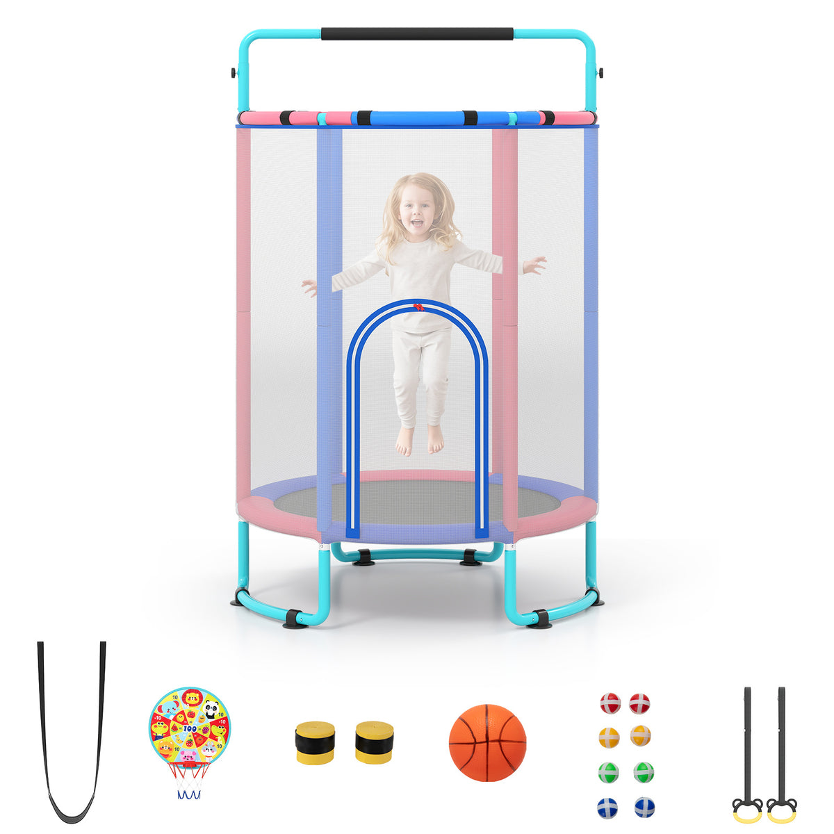 6-in-1 Kids Trampoline with a child jumping inside and various accessories laid out below