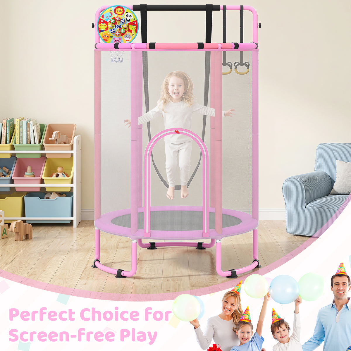 A happy family with children enjoying the purple kids trampoline indoors for screen-free play